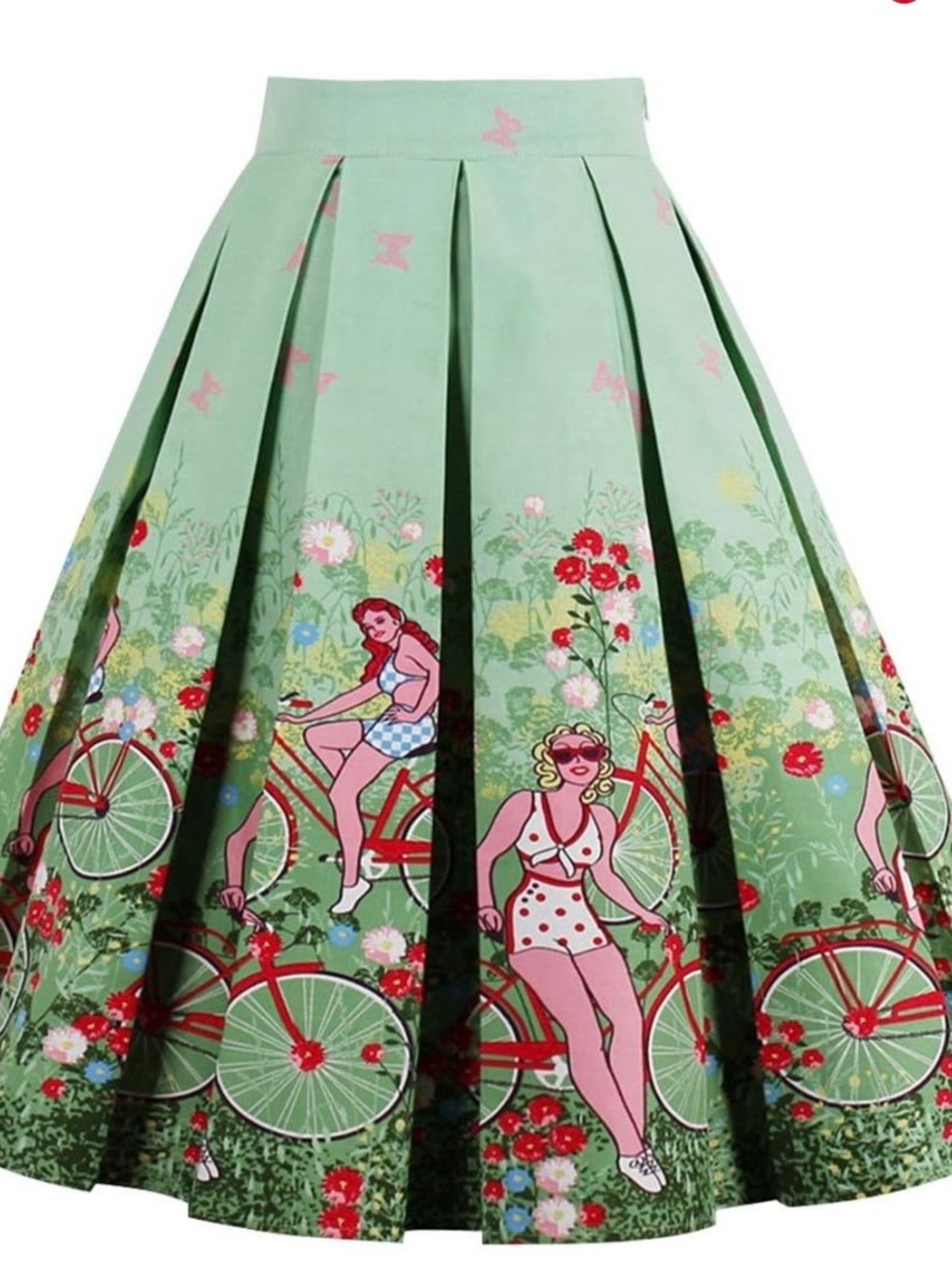 Mint Green Floral Bicycle Print Pleated Skirt by
